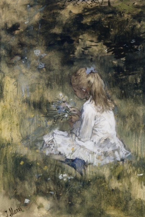 Een meisje met bloemen in het gras - Jacob Maris
