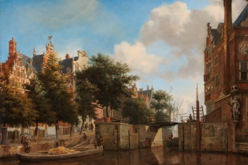 Amsterdams stadsgezicht met huizen aan de Herengracht - Jan van der Heyden