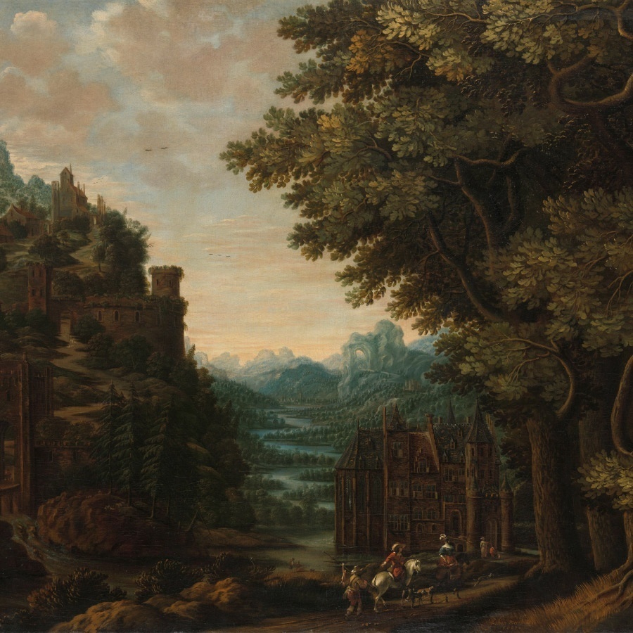 Hoofdafbeelding Bergachtig landschap met rivierdal en kastelen - Jan Meerhout