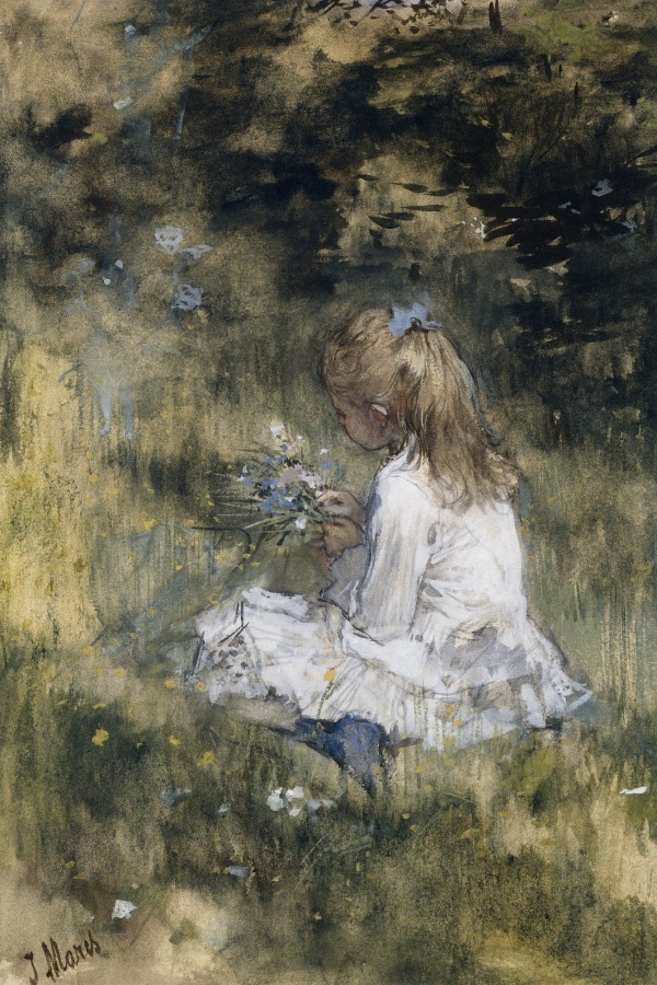 Een meisje met bloemen in het gras - Jacob Maris 1