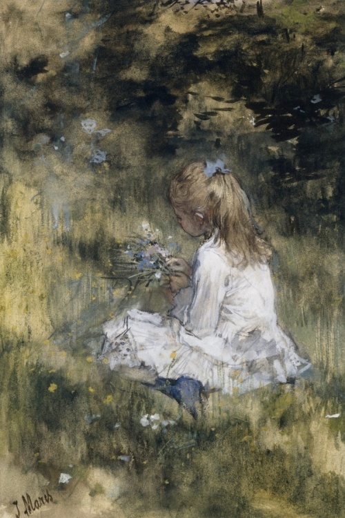 Een meisje met bloemen in het gras - Jacob Maris
