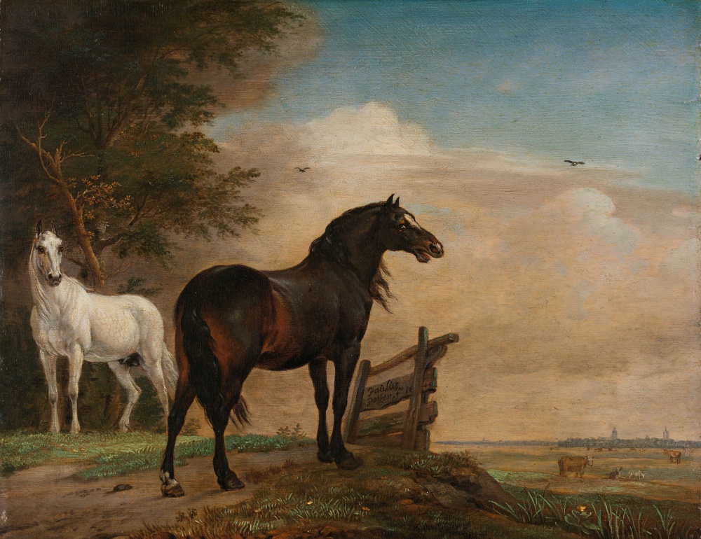 Paulus Potter - Twee paarden in de wei bij een hek